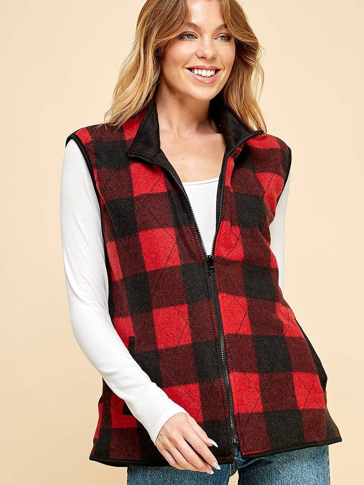 Shopin LA - Wholesale Jacket - Women's - SPT5193 - WOMEN REVERSIBLE PLAID ZIP UP POCKET VEST