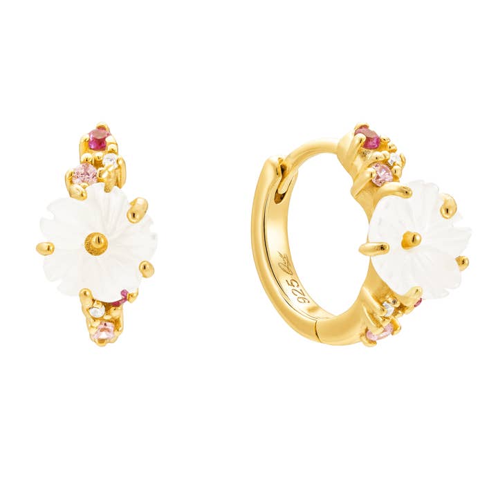 Blossom Pearl Flower 14k Gold Vermeil Huggie Earrings for wholesale by Quill Fine Jewelry & Lifestyle