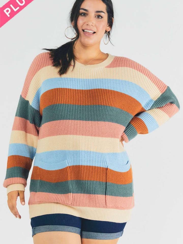 PLUS MULTI STRIBE RUND HALS LANGÆRMET SWEATER for engroshandel hos Davi & Dani