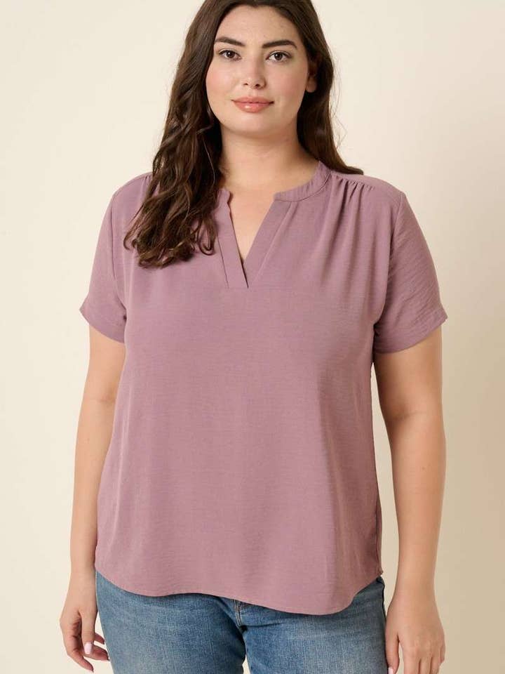 PLUS AIRFLOW SHORT SLEEVE V-NECK SLIT FRONT BLOUSE for wholesale by mittoshop