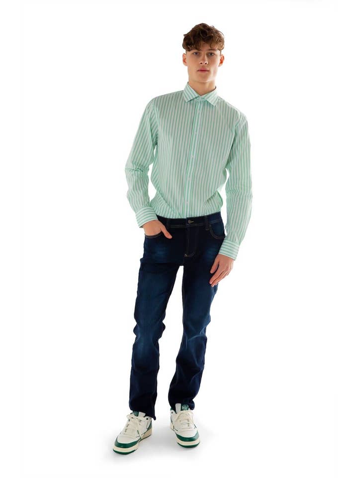 Mens Long Sleeve Shirts Slim-Fit Striped Top - White & Green for wholesale on Faire