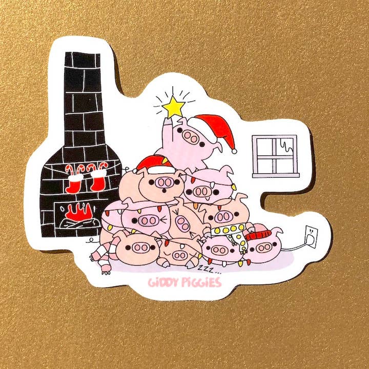 Giddy Piggies Christmas Tree Glossy Sticker for wholesale by Giddy Piggies
