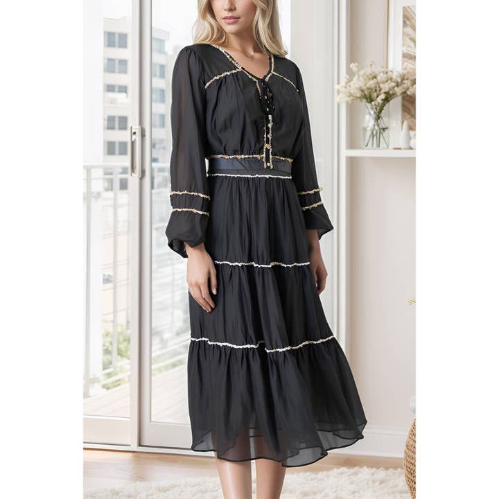 Boho Tiered Maxi Dress with Contrast Trim for wholesale by XHHH Inc