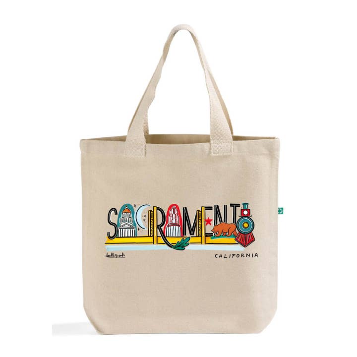 Sacramento Landmark Lettering Everyday Tote Bag for wholesale by doodles.ink.