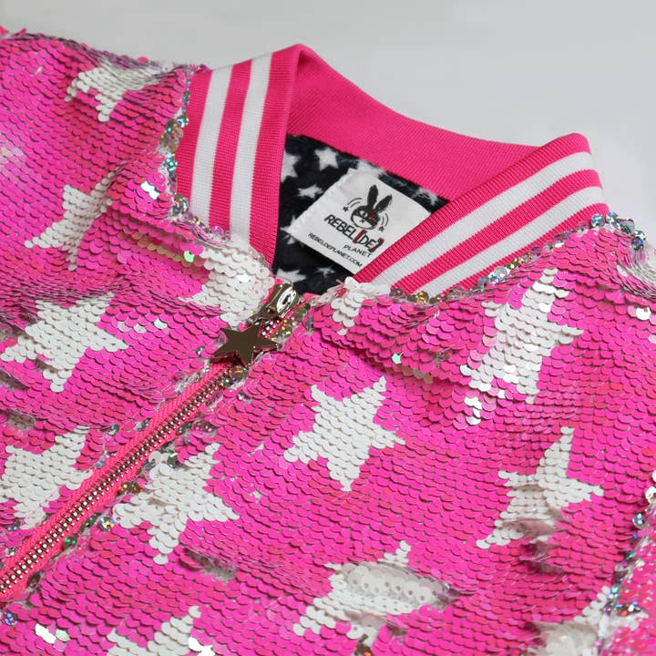 Rebelde Planet - Wholesale Bomber Jacket - Kids - Hot Pink with white star sequin bomber jacket4