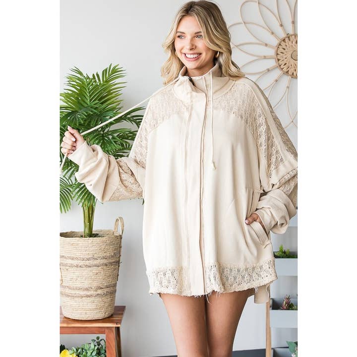 Oli&Hali - Wholesale Jacket - Women's - WASHED MIX MEDIA CROCHET LACE FRENCH TERRY JACKET