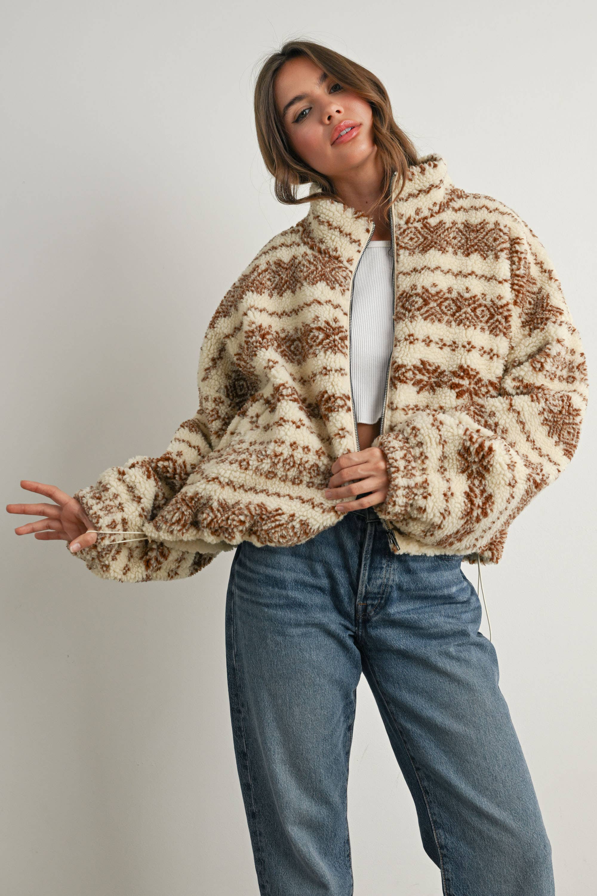 BUTTERMELON - Wholesale Jacket - Women's - Fuzzy Fleece Zip-Front Patterned Jacket - BMJ780718