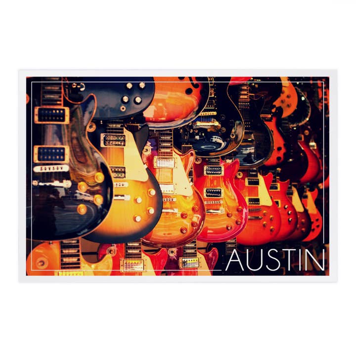 PREMIUM POSTCARDS Austin, Texas, Electric Guitars on Wall for wholesale by Lantern Press