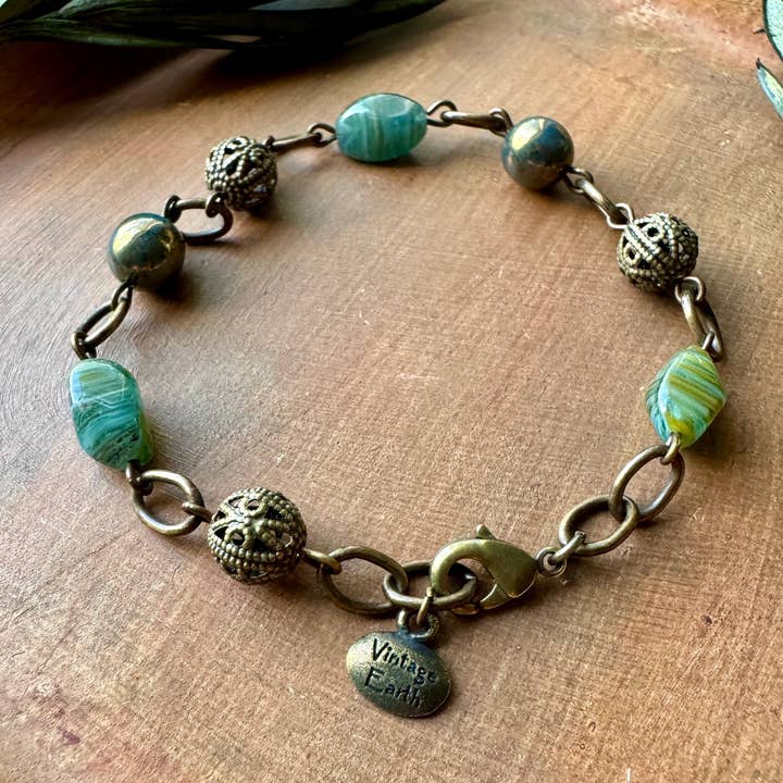 Bohemian Bead Bracelet, Vintage Brass Filigree, Aqua Green for wholesale by Vintage Earth