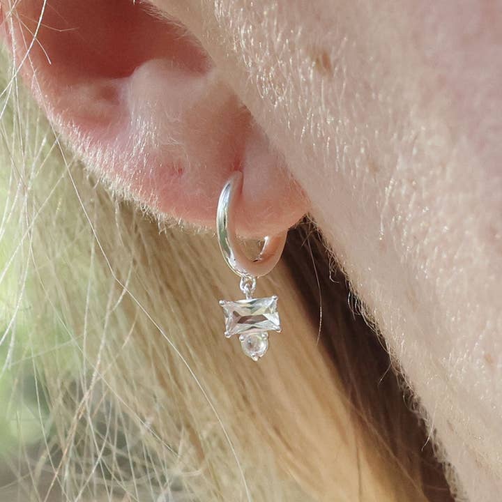 Hinge Moonstone and White Sapphire Huggies - Silver for wholesale by Lupine Lane Co.