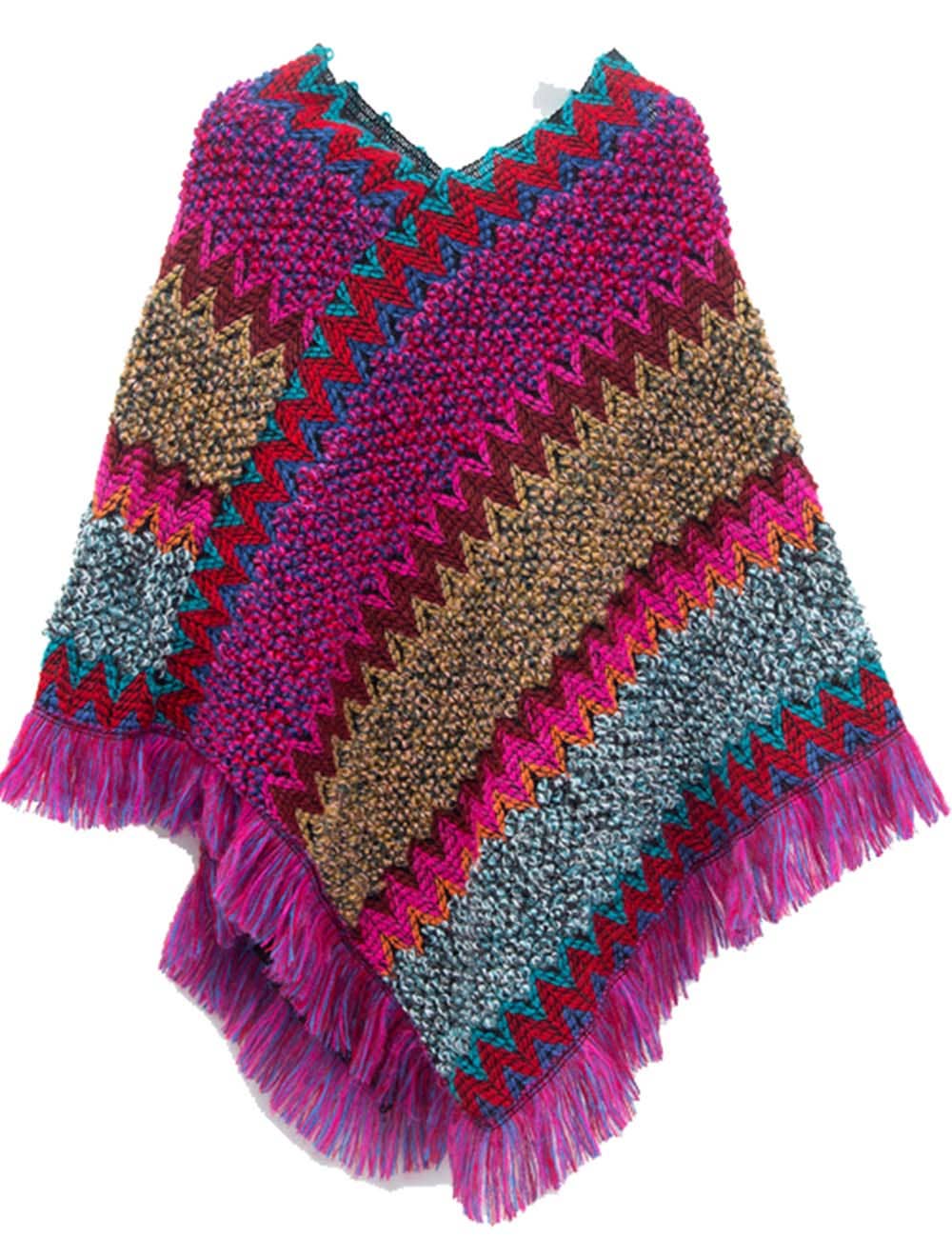 Sweetkama - Vente Poncho – femme - Châle à franges ethnique coloré chic pour femmes3