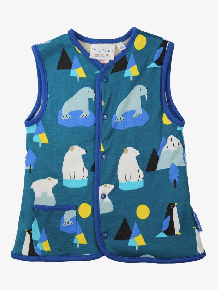 Gilet in pile per bambini in cotone biologico reversibile con stampa artica. per la vendita all'ingrosso da parte di Toby Tiger GmbH