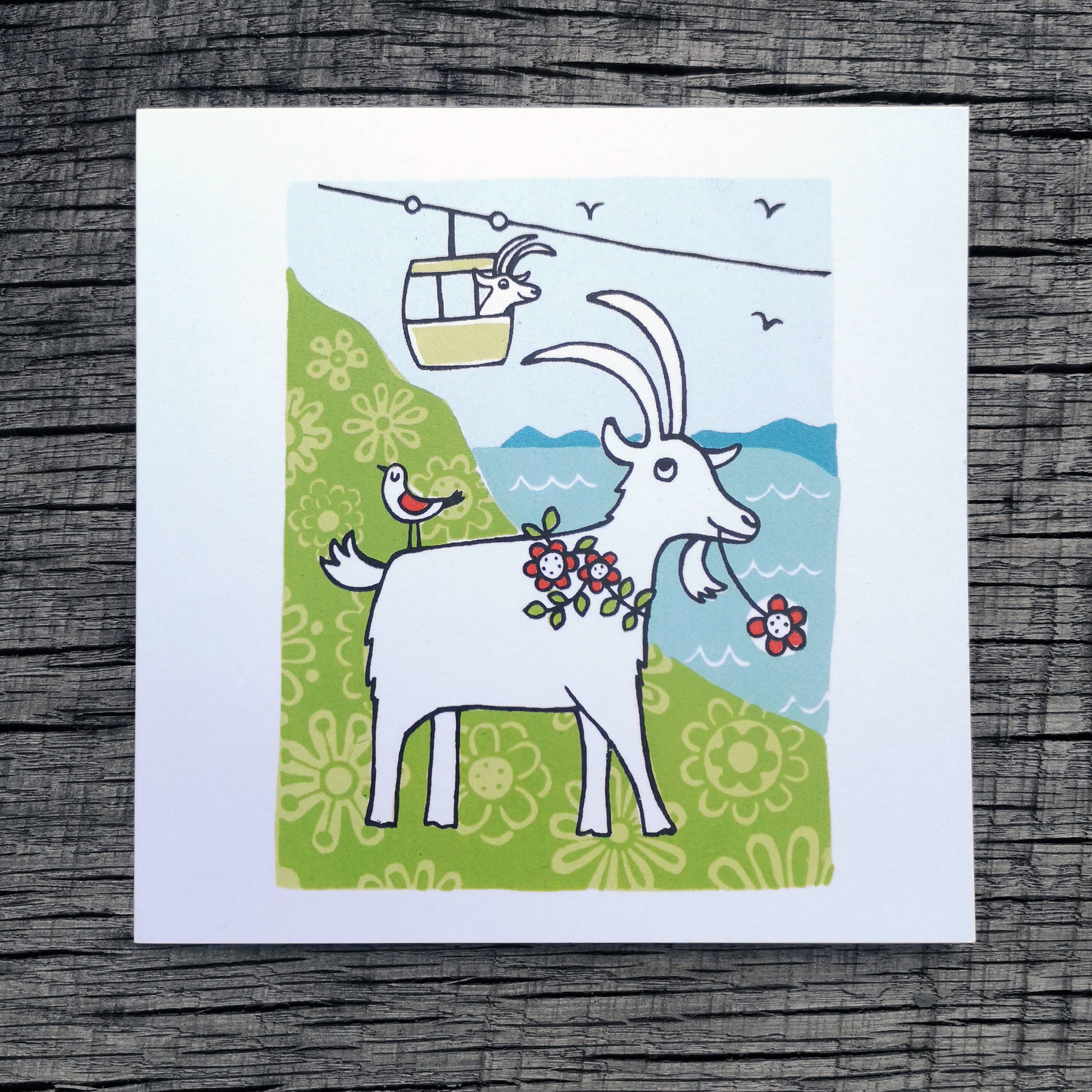 Ruth Green Printmaker – wholesale Everyday greeting card – 'Great Orme Goats' Eco Greetings Card