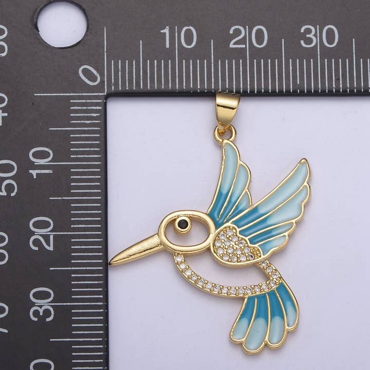 Aim Eternal - Wholesale Individual Charm/Pendant - Blue Enamel Gold Hummingbird Charm 14k Gold Filled Humming Bird Pendant 38mmx31mm gold Cz Animal jewelry H-1011