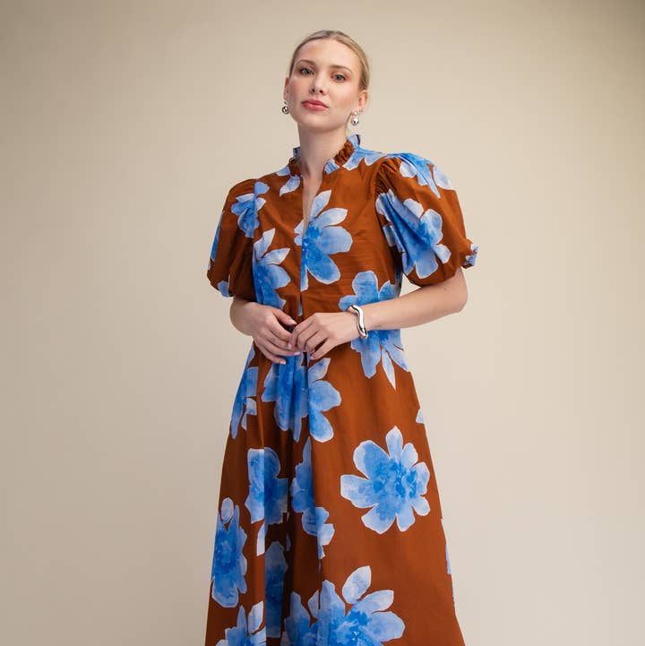 Glam - Wholesale Dress - Women's - Ruffle V-Neck Puff Sleeve Waist Pleated Midi Dress3