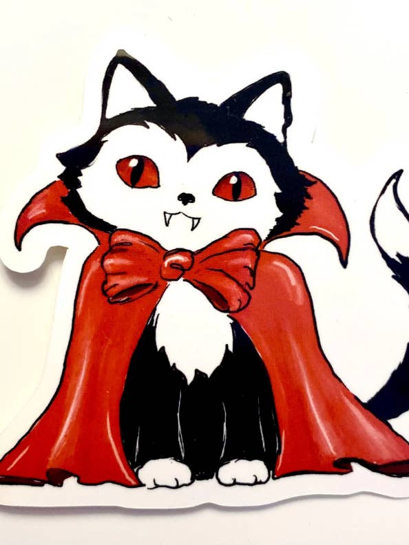Vampire Kitty Vinyl Sticker for wholesale by Cat Mallard Art