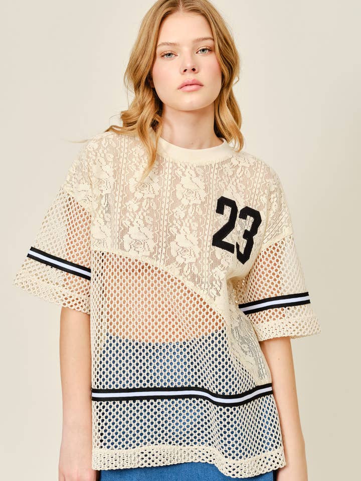 AJT5752 OVERSIZED LACE AND CROCHET KNIT TOP for wholesale by Aaron & Amber