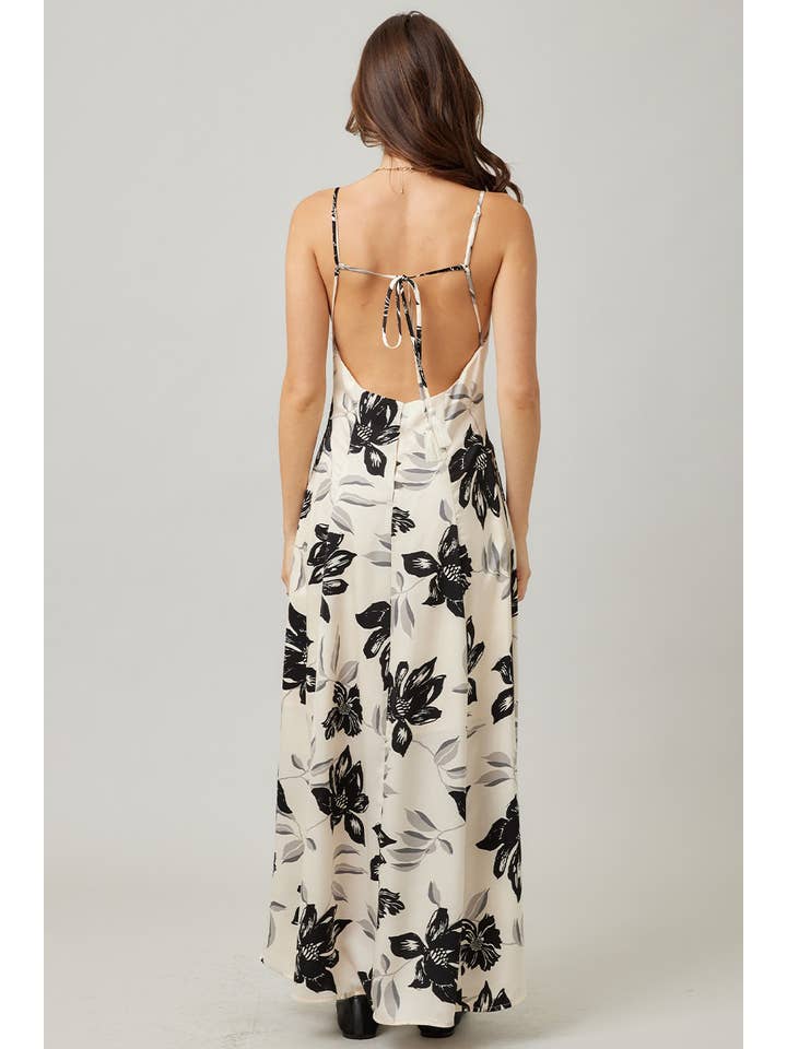 IVORY Fall Holiday Floral Printed Satin Open Back Maxi Dress for wholesale on Faire1
