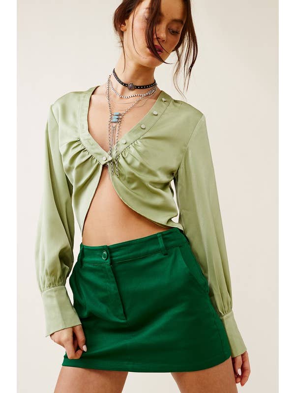 Mimosa - Wholesale Blouse - Women's - V neck Satin Crop Blouse with Button Accents1