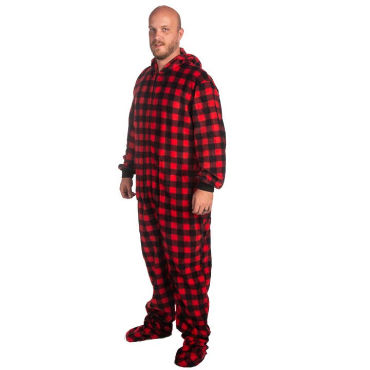 Big Feet Pajamas – wholesale Onesie - Unisex – Hoodie Footed Onesie Red & Black Buffalo Plaid Fleece Pajam4