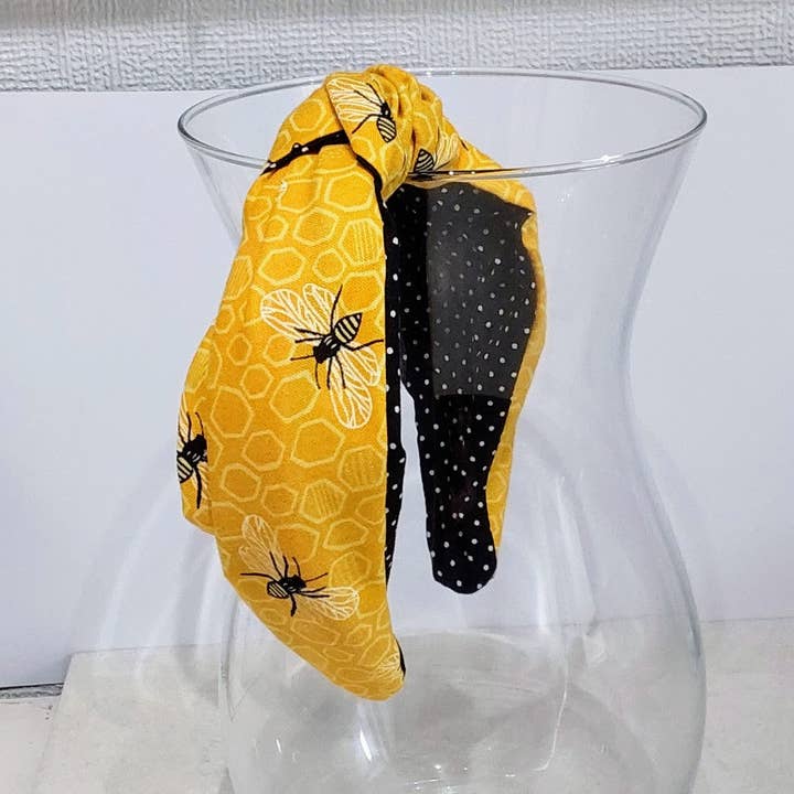 Hairband Yellow Bee Honeycomb Cotton Fabric Bespoke Top Knot for wholesale by Bee my Oyster