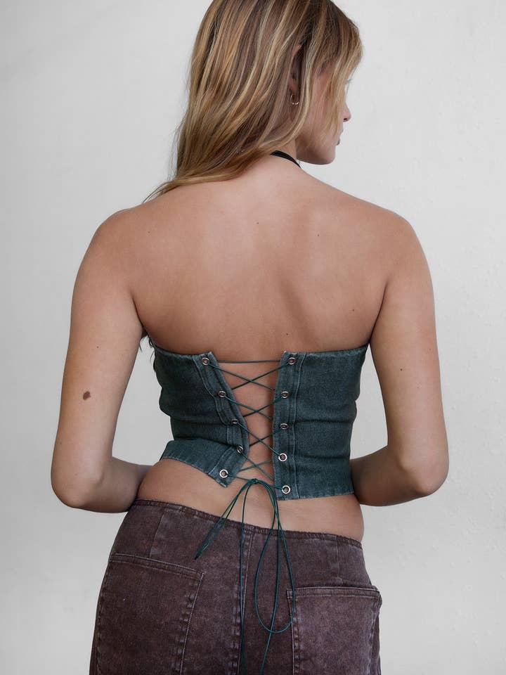 GREEN BECKEE SD Washed Denim Rhinestone Western Corset Top for wholesale on Faire2