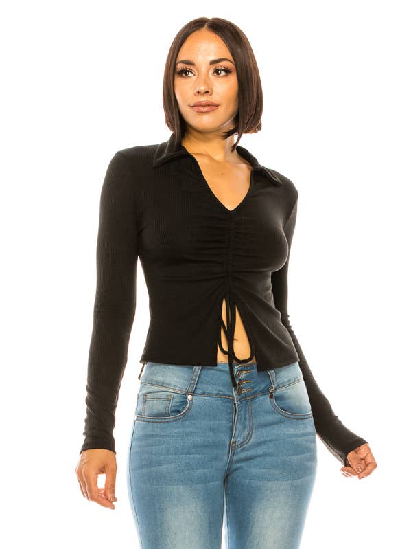 SOLID RIB RUCHED FRONT TIE TOP for wholesale by A3 Design USA