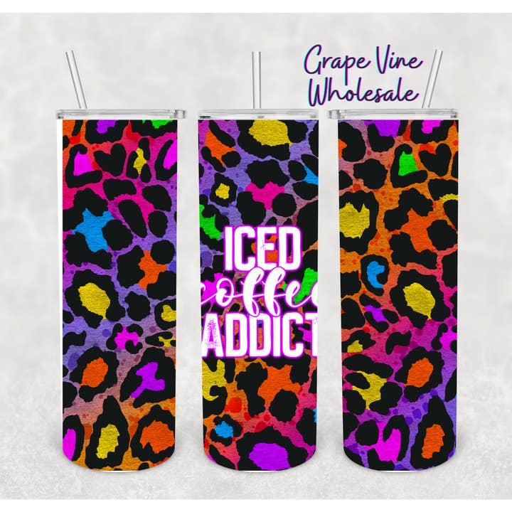 Tazza da 20oz per Dipendente da Caffè Ghiacciato con Motivo Leopardato e Arcobaleno Ombre per la vendita all'ingrosso da parte di GrapeVineWholesale