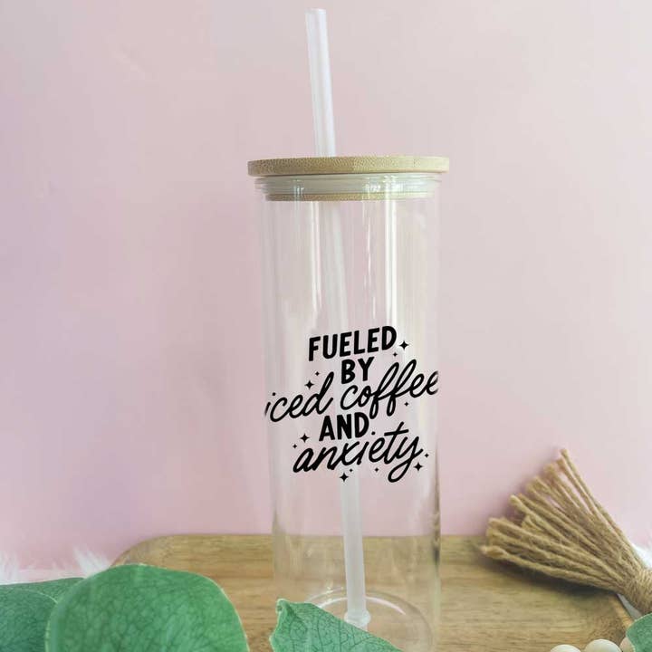 Fueled By Iced Coffee and Anxiety Tall Glass Can for wholesale by Cups4Cuties