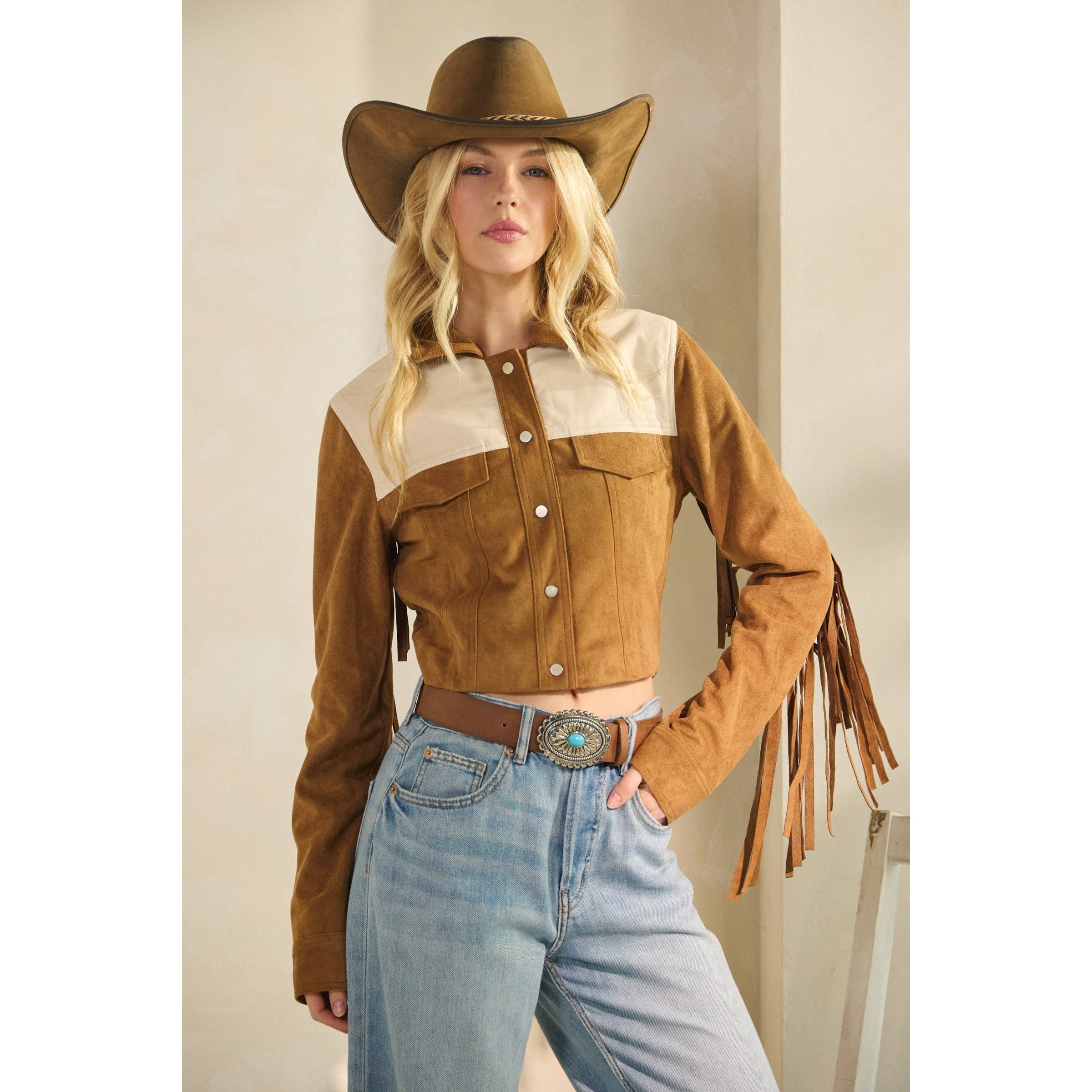 Camel Suede Jacket with Fringe Detail for wholesale on Faire31