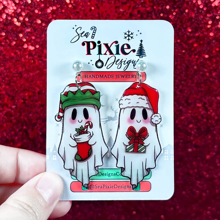 Ghost Santa Elf Halloween & Christmas Dangle Earrings for wholesale by Sea Pixie Designs
