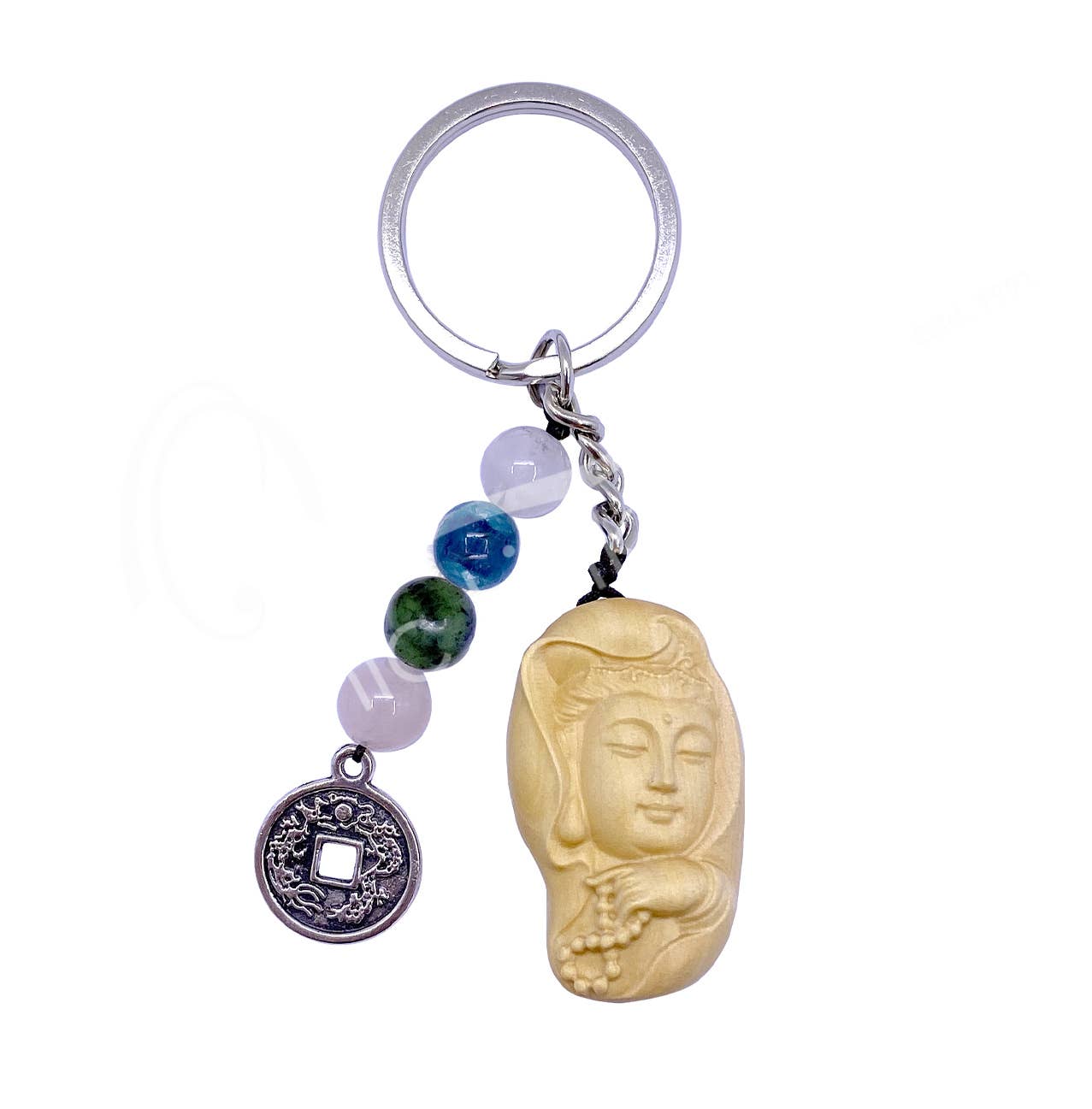 Oceanic Linkways Inc - Wholesale Spiritual Stone/Crystal - (PC)KEYCHAIN - WOOD KWAN YIN FOR COMPASSION 3.25-3.5"L0