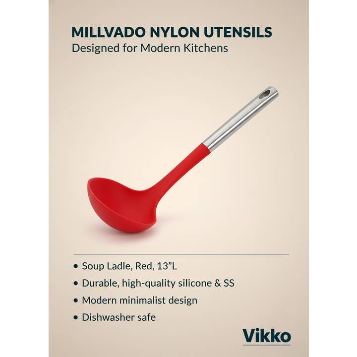Kadra Kitchenware - Wholesale Ladle - Millvado - Nylon Utensils SS Handle, Soup Ladle, Red, 13"L3