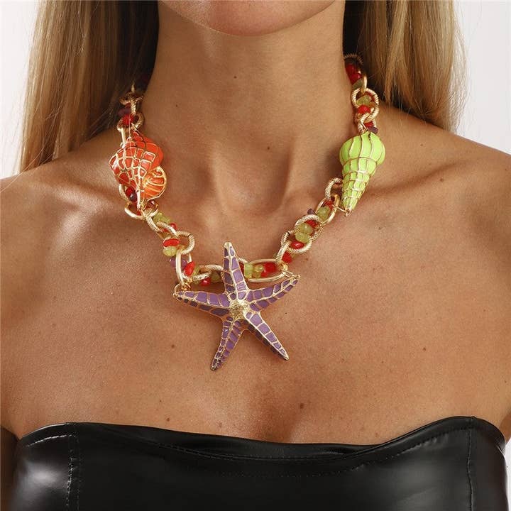 D GOLD Starfish Shell Exaggerated Bead Necklace for wholesale on Faire1