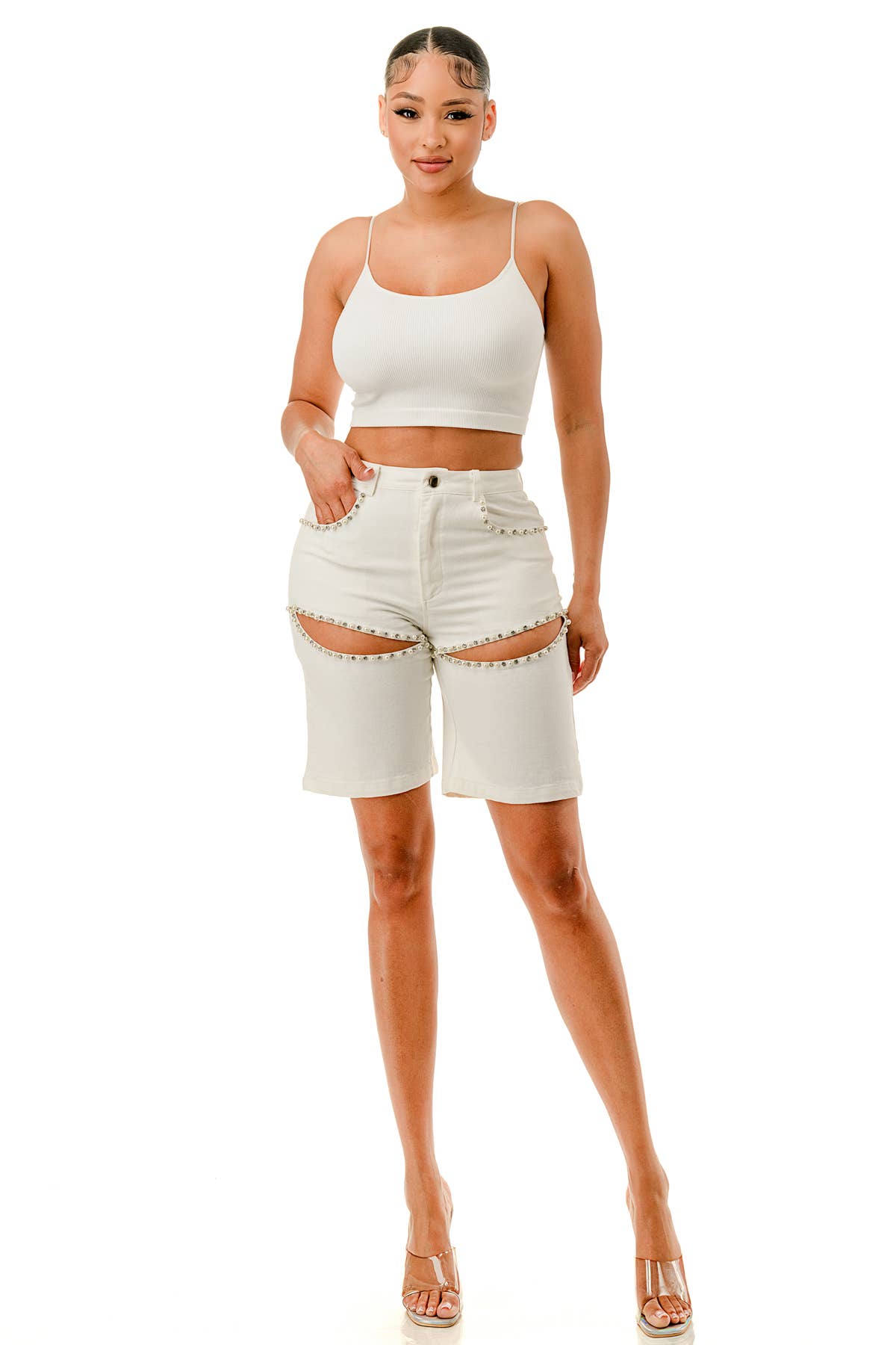 SALT - Vendita all'ingrosso Jeans - Donna - (SP3953) Shorts con Perle Intagliate Decorate11