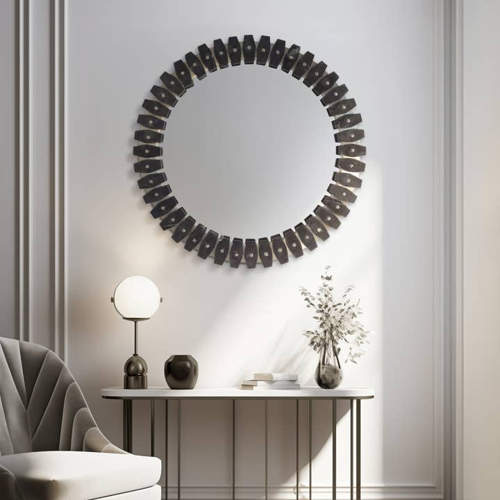 Sagebrook Home - Wholesale Wall Mirror - Marble Glass Round Tile Wall Mirror - Black, 35 in.