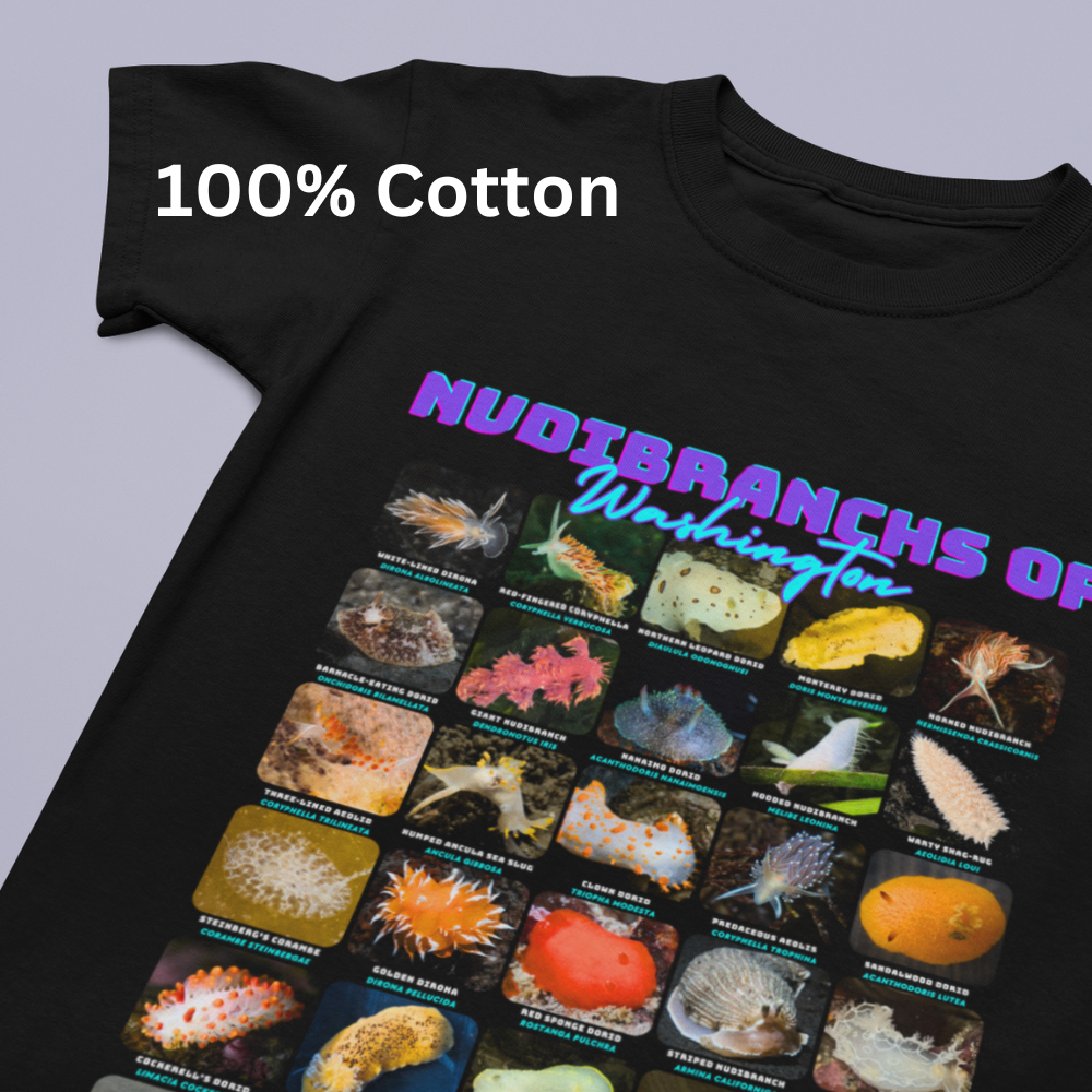 I LOVE NUDIS - Wholesale Screen Printed T-Shirt - Kids - I LOVE NUDIS™ Nudibranchs of Washington Black Kids Softstyle Tee with Photos & Common/Scientific Names2