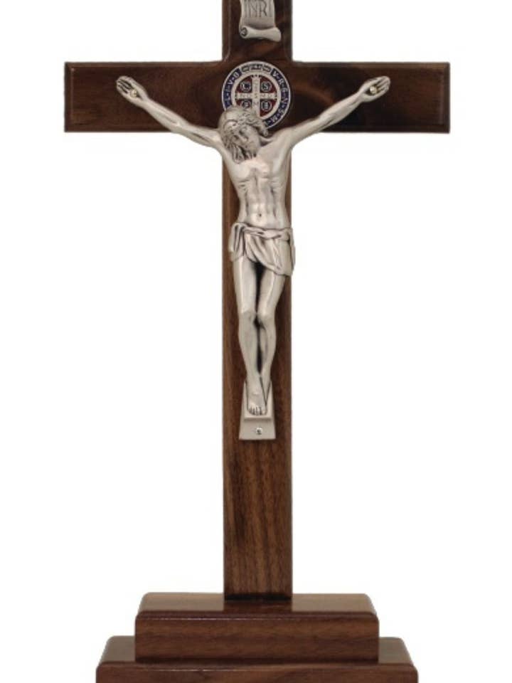 Standing St. Benedict Crucifix in Wood/Pewter Style 13.5" for wholesale by Goldscheider of Vienna