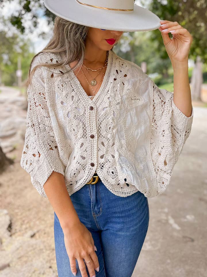 Ivory Boho Lace Detail Dolman Sleeve Button-Down Cardigan for wholesale on Faire
