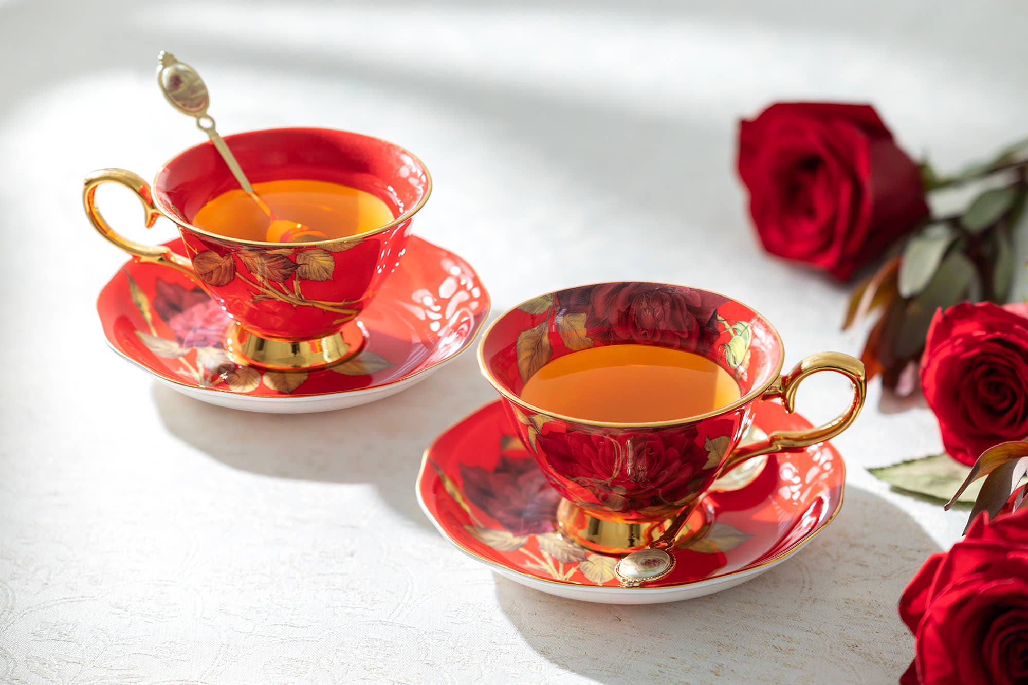 Grace Teaware - Wholesale Coffee/Tea Cup - Gold Red Stem Rose 7oz Bone China Tea Cup and Saucer1