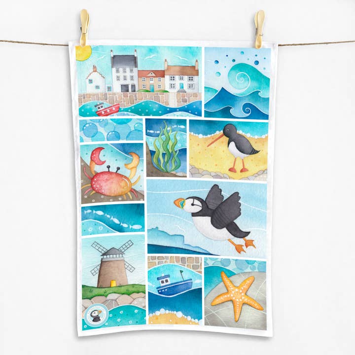 Seaside Tea Towel - Cotton - Puffin, Oystercatcher, Crab for wholesale by East Neuk Beach Crafts