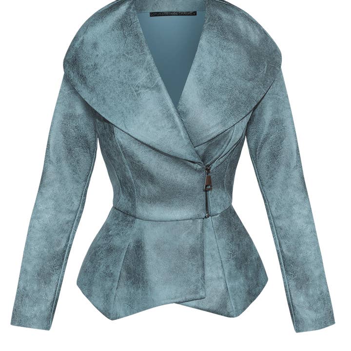SUEDE-LOOK BLAZER WITH ASYMMETRICAL CLOSURE IN BLUE - ESSENTIALS for wholesale by Fashion Roots