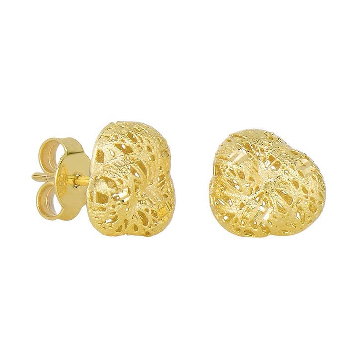 Boucles d'oreilles en or jaune 14 carats texturées poncées taille diamant 10,1 m fantaisie 3 feuilles maillée petite fleur avec fermoir poussoir pour la vente par The Diamond Deal