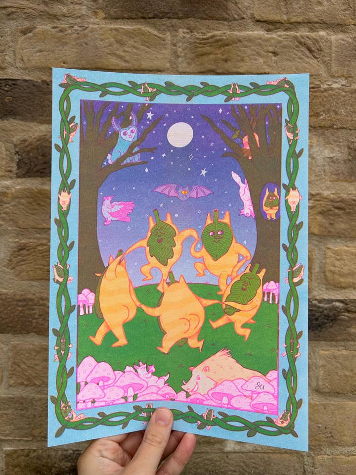 Koroks Dancing Moonlight Forest Spirit A4 Risograph Print for wholesale by 2B Or Not 2B