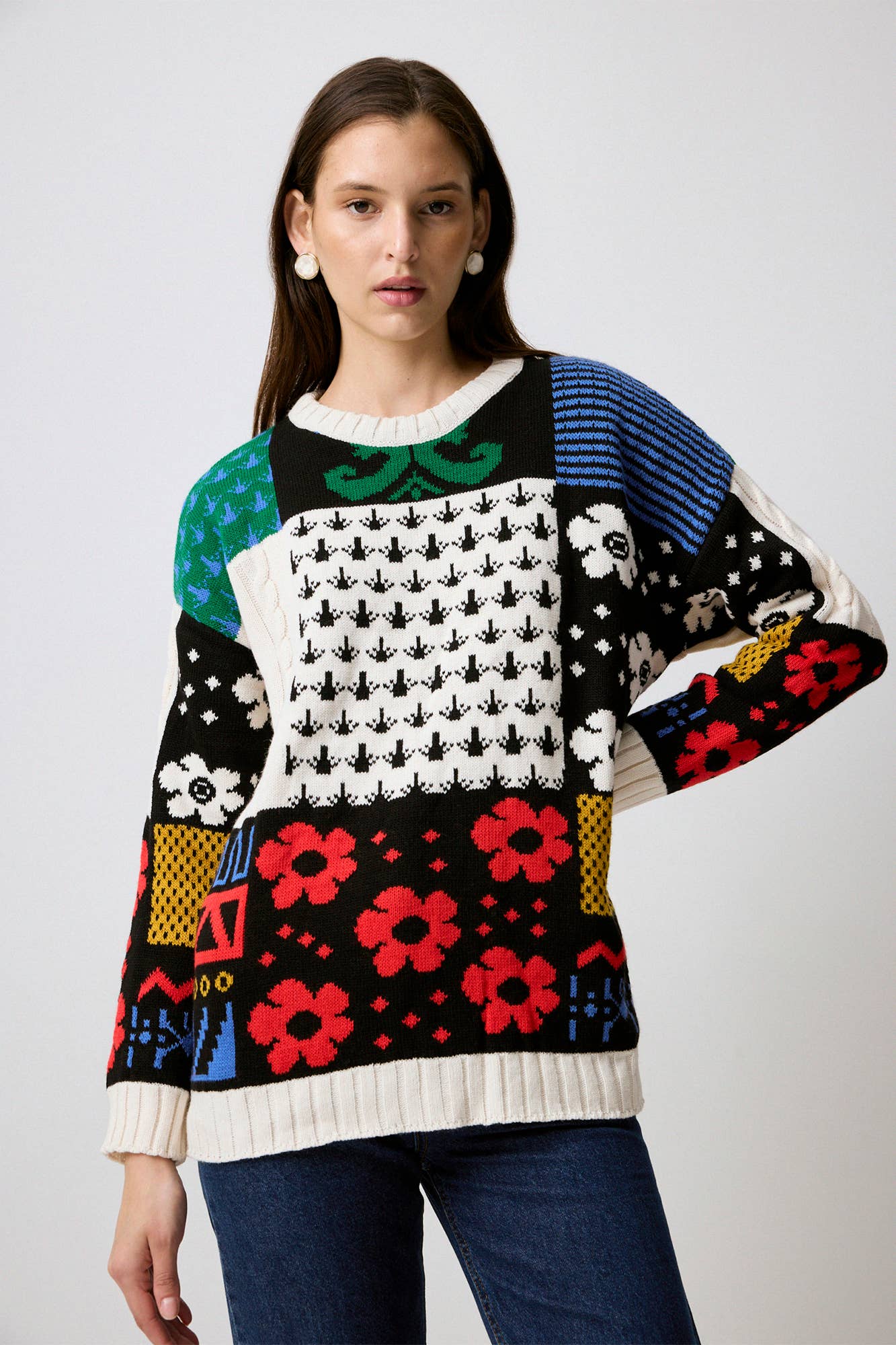 Colorblock Patchwork Patterned Knit Sweater for wholesale on Faire1