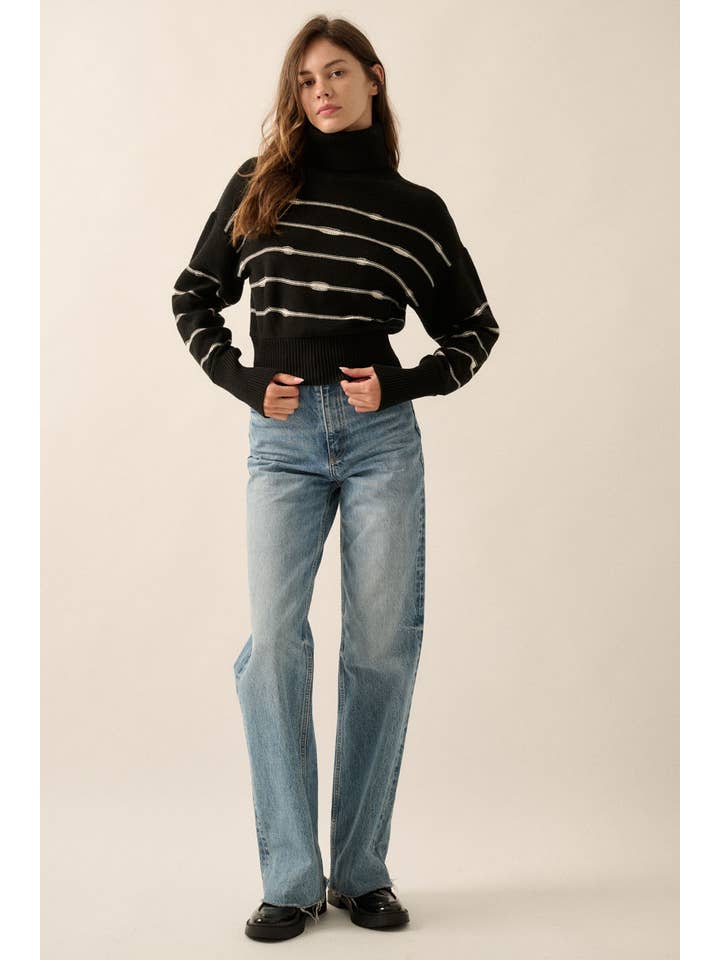 Promesa USA - Wholesale Knit Sweater - Women's - Striped Knit Banded-Hem Cropped Turtleneck Sweater