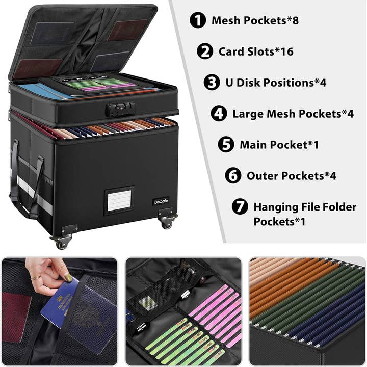 Black File Box with Lock, Multi-Layer Fireproof Document Box with Wheels,Collapsible Rolling File Storage Organizer Box with Pockets,Large Portable Home Office Filing Cabinet for Hanging Folders for wholesale on Faire