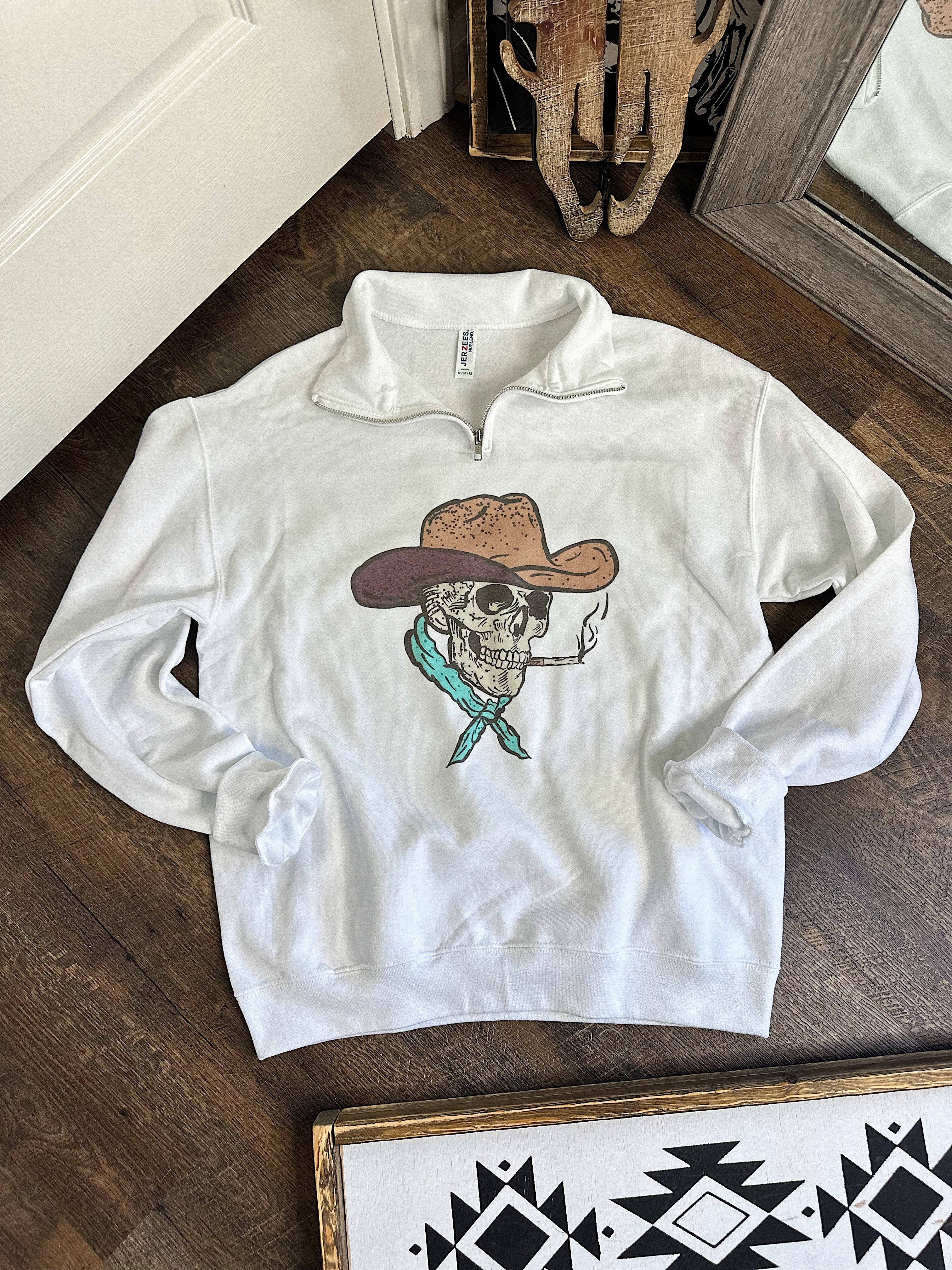 Gunpowder and Glam Boutique - Venta al por mayor Sudadera estampada - Mujer - Cuarto de cremallera de esqueleto vaquero1