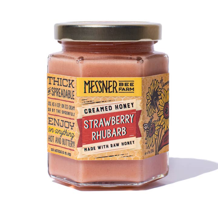 Strawberry Rhubarb Creamed Honey / 9oz. / Kansas City for wholesale by Messner Bee Farm