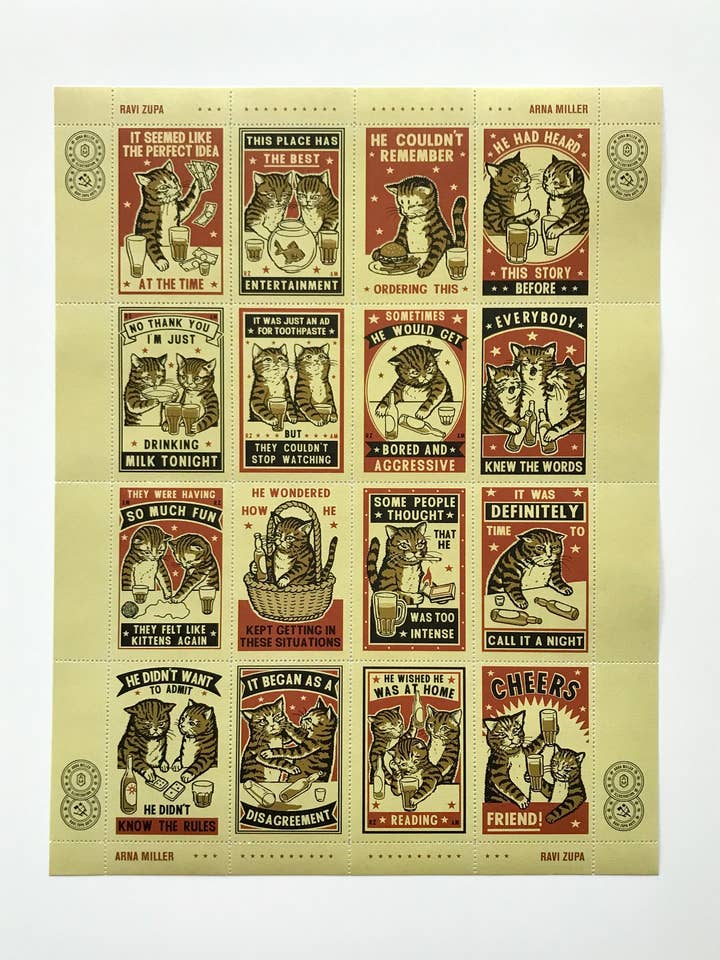 Drunk Cats - Lick & Stick Stamps for wholesale by The Portland Stamp Company